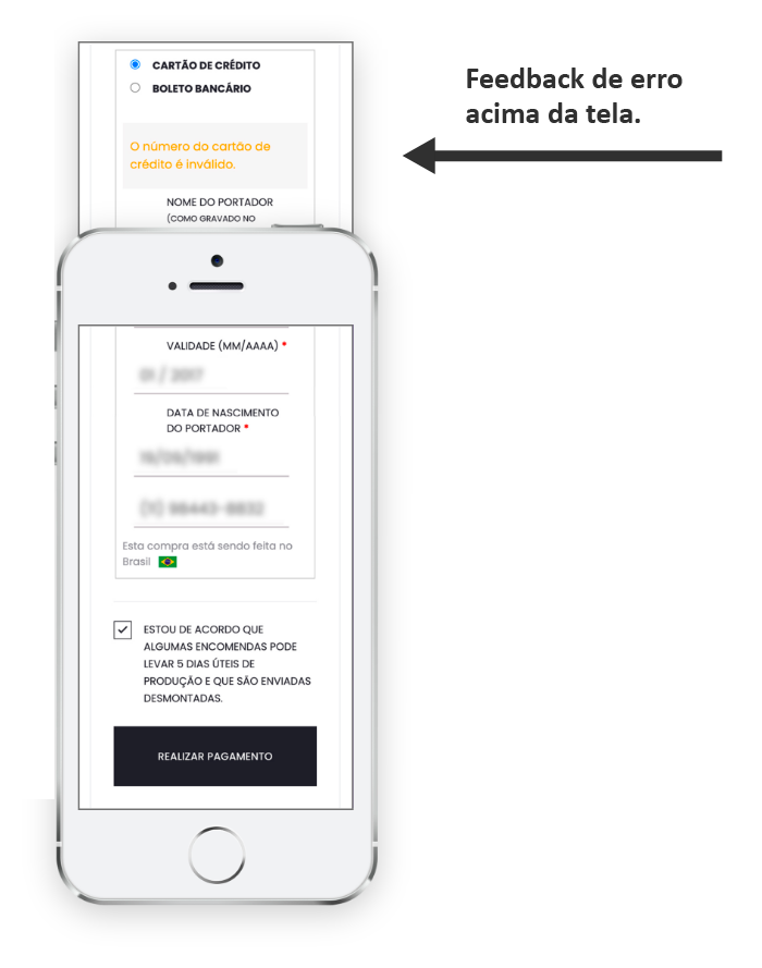 Feedback de erro acima da tela